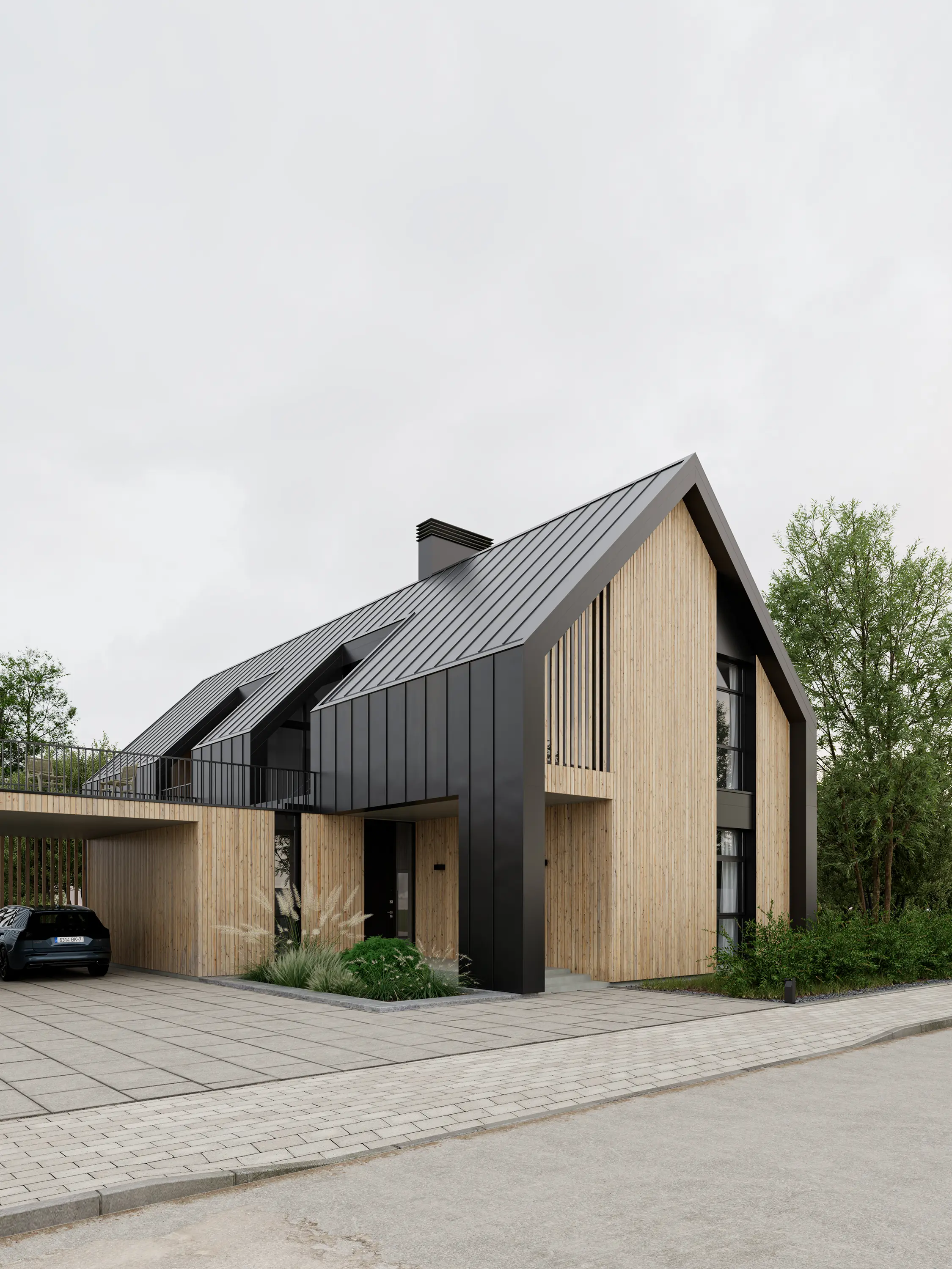 Street view of a Green Harbor house with timber cladding, black metal roof and an open carport.